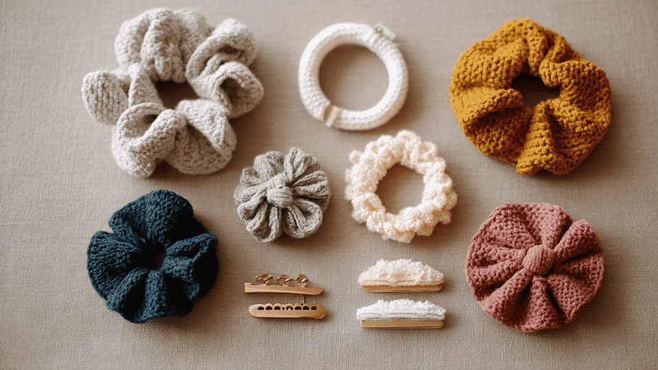 Set of crochet hair accessories including scrunchies headband and clips on table