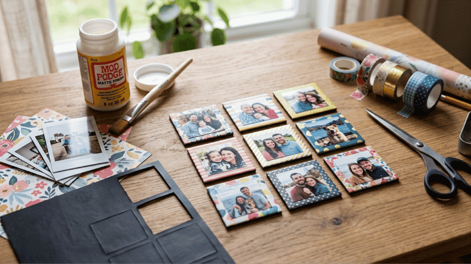 Handmade photo magnets on a table with printed photos, washi tape, Mod Podge, and scissors.