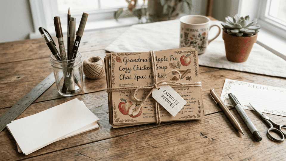 Decorated recipe card set on a table with blank cards, pens, markers, ruler, and twine.