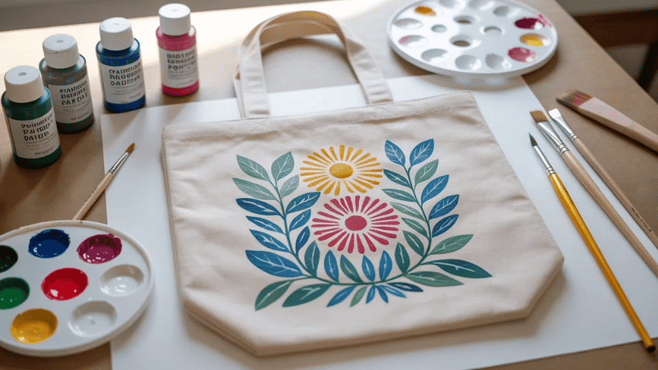 Hand-painted canvas tote bag on a table with brushes, fabric paint, pencil, and palette.