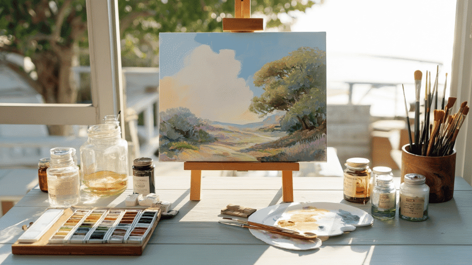 Hand-painted small canvas on a table with paints, brushes, pencil, palette, and varnish.