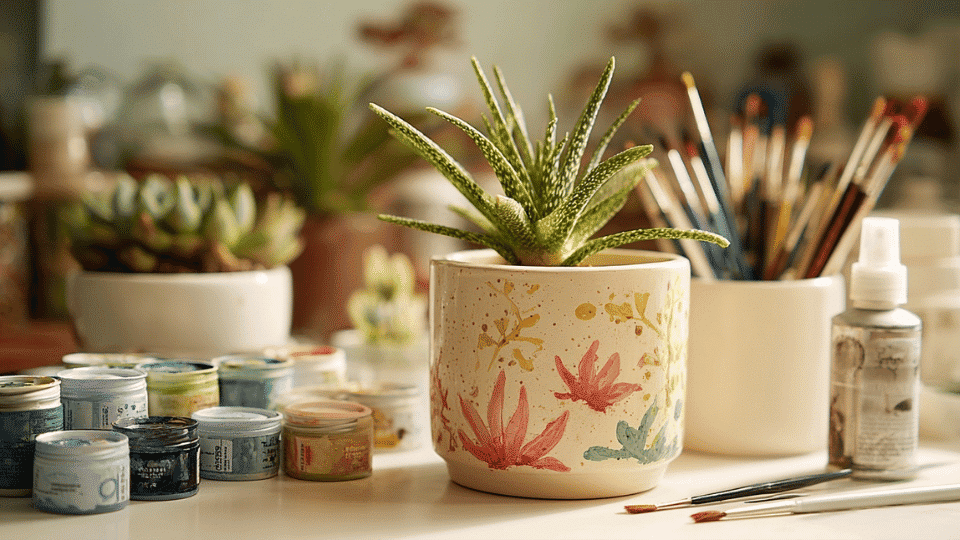 Hand-painted ceramic planter on a table with paint, brushes, sealant, and extra plain planter.