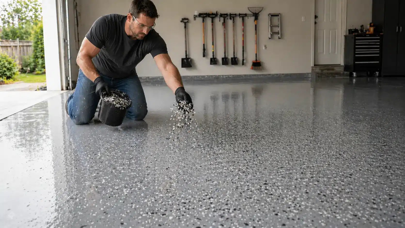 Hand scattering decorative flakes onto wet epoxy floor, showing textured finish forming