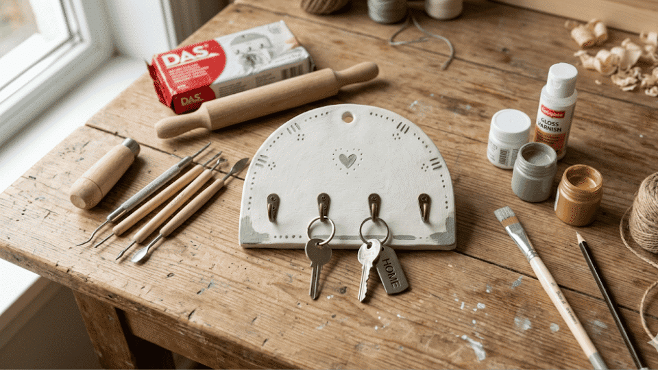 Handmade clay key holder on a table with clay, carving tools, paint, and sealant.
