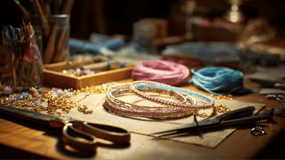 Handmade bracelets and earrings on a table with beads, wire, clasps, hooks, and pliers.