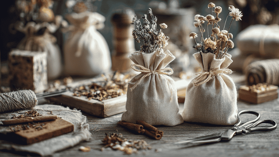Potpourri sachets on a table with dried flowers, herbs, ribbon, twine, and fabric squares.