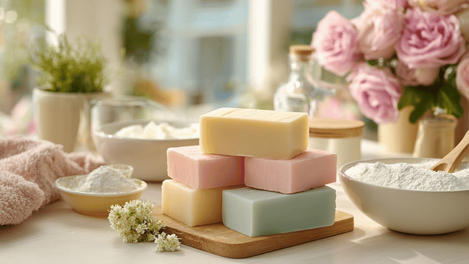Handmade scented soap bars on a table with soap mold, fragrance oil, colorant, and mixing bowl.