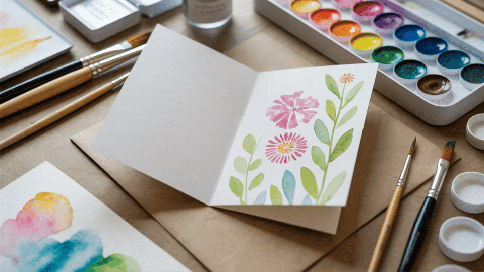 Handmade watercolor greeting card on a table with paints, brushes, paper, and pens.