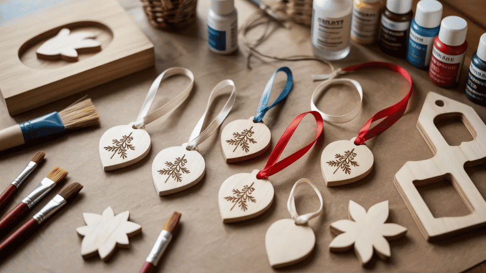 Handmade wooden ornaments on a table with paint, brushes, wood-burning pen, ribbons, and sealant.