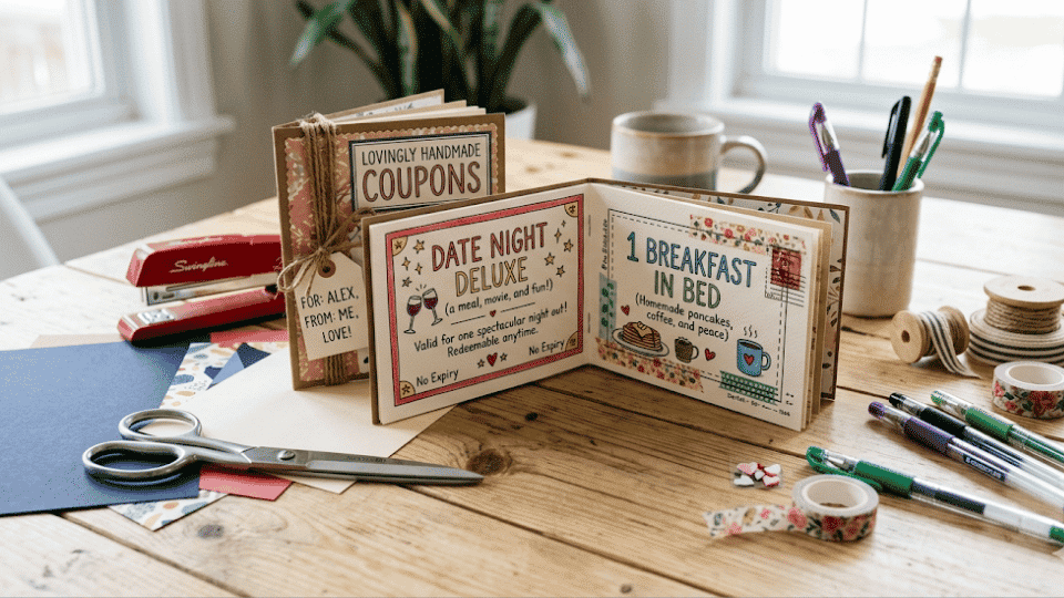 Handmade coupon book on a table with cardstock, pens, scissors, ribbon, and stapler.