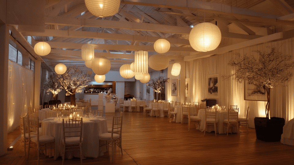 Hanging lanterns of various sizes with LED candles, suspended above the reception area for a magical effect