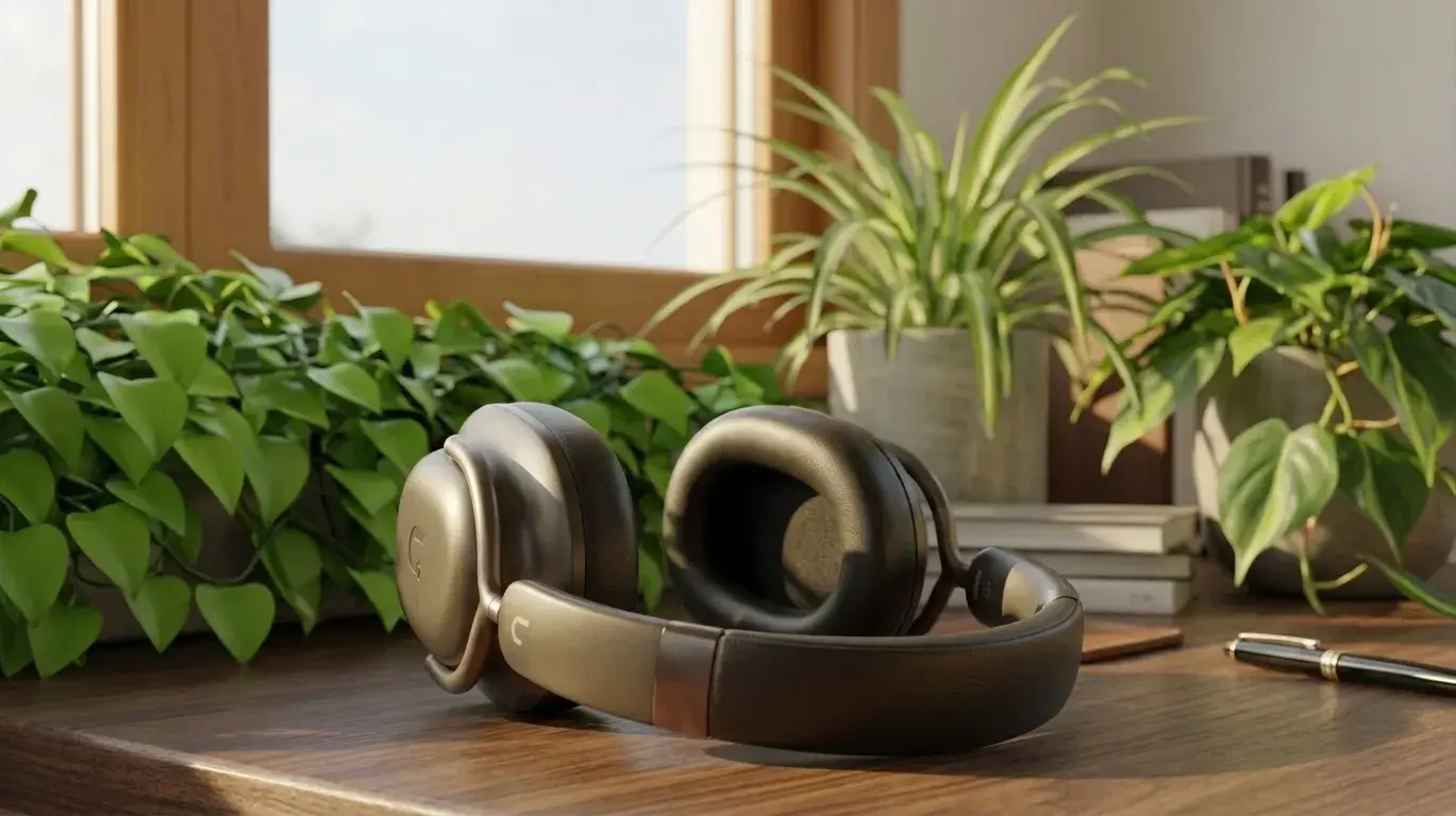 Headphones on a wooden desk with sunlight, surrounded by green plants, books, and a pen.