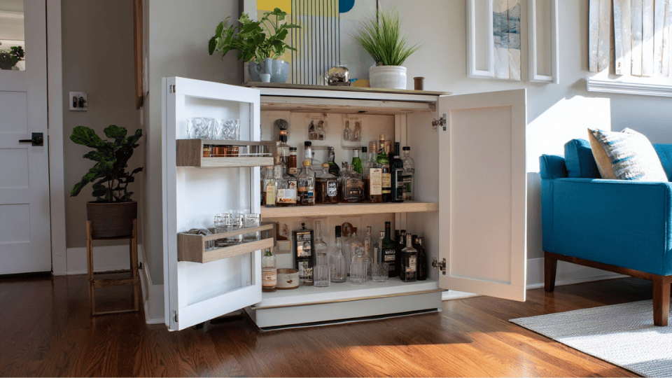 Hidden cabinet DIY bar with shelves and storage inside a living room.