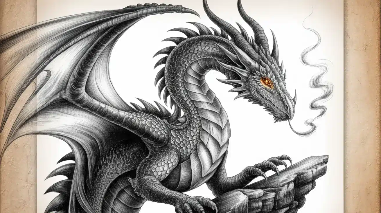 Highly detailed fantasy dragon sketch in black-and-white pencil with glowing eyes and textured scales