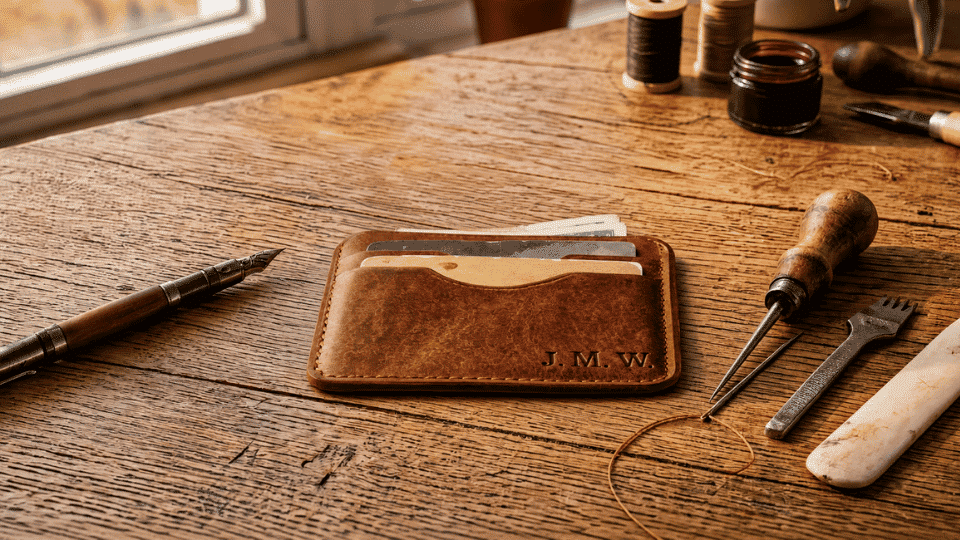 Handcrafted leather wallet insert with stamped initials on a wooden desk beside leatherworking tools.