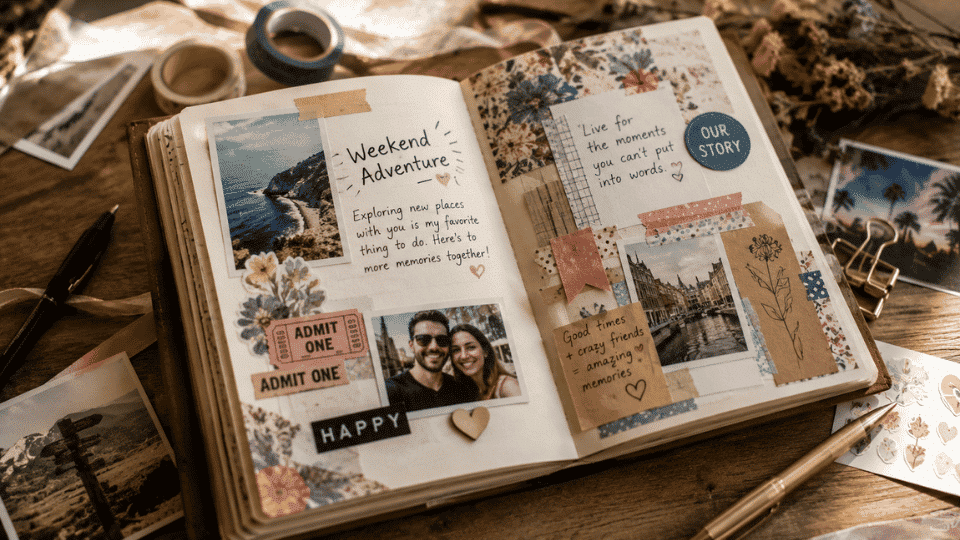 Handmade scrapbook filled with photos, notes, stickers, and keepsakes arranged on a cozy wooden table.