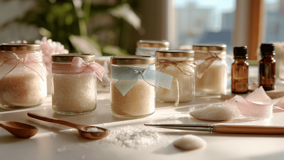 Mini sugar scrub jars on a table with coconut oil, sugar, essential oils, spoons, and ribbon.
