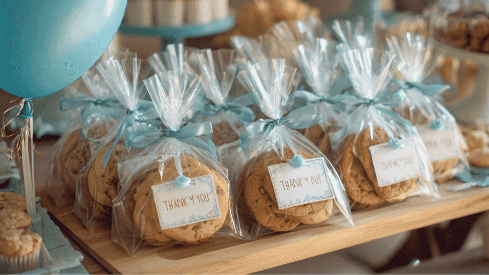 Homemade cookie treat bags wrapped with ribbon and tags as kids birthday party favors