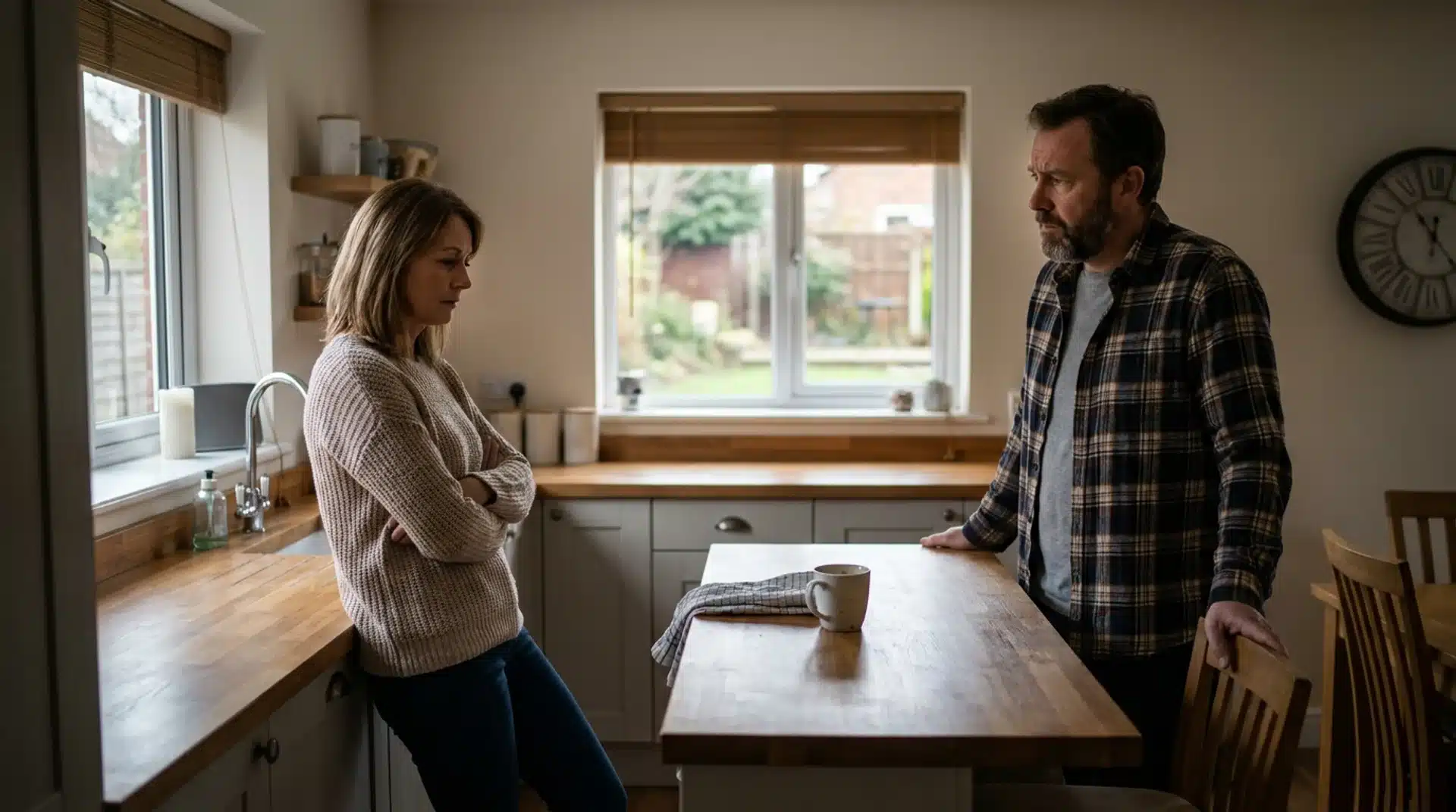 Husband and wife standing quietly in their kitchen after emotional tension in their marriage.