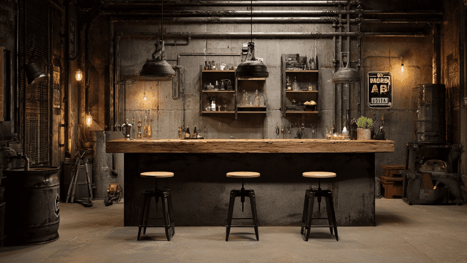 Industrial DIY bar with wood and metal pipes in a garage-style setting.