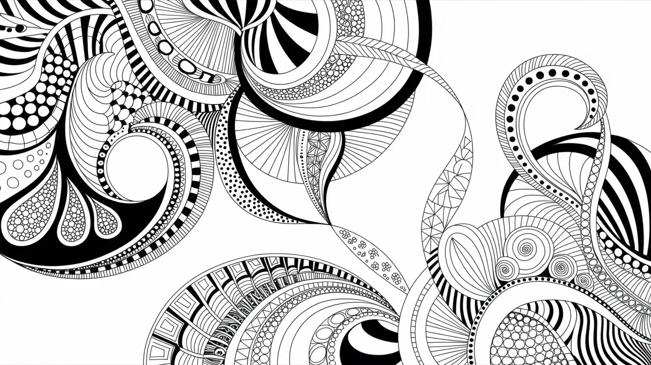 Intricate black-and-white zentangle pattern with swirls, lines, dots, and geometric shapes