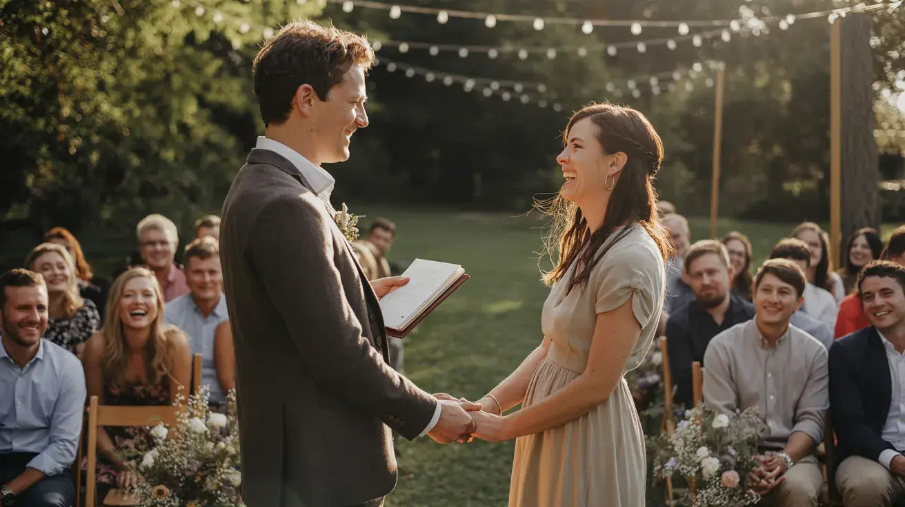 Joyful outdoor wedding ceremony where a couple holds hands and smiles
