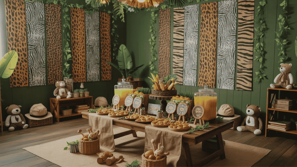 Jungle safari birthday setup with animal decorations and green themed decor