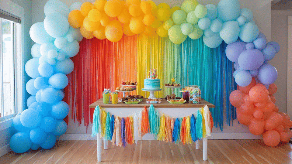 Kids birthday party room with balloon backdrop, decorated table, and colorful setup