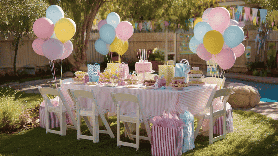 Kids birthday party setup with cake, balloons, decorations, games, and gift bags in a colorful setting