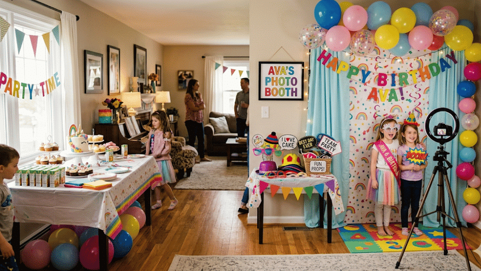 Kids birthday party setup with clear DIY photo booth, backdrop, props, and decorations