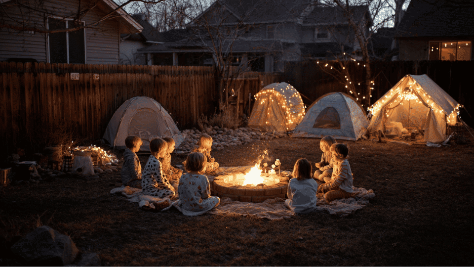 Kids enjoying a backyard camping party with tents, fairy lights, and marshmallows by the fire at night