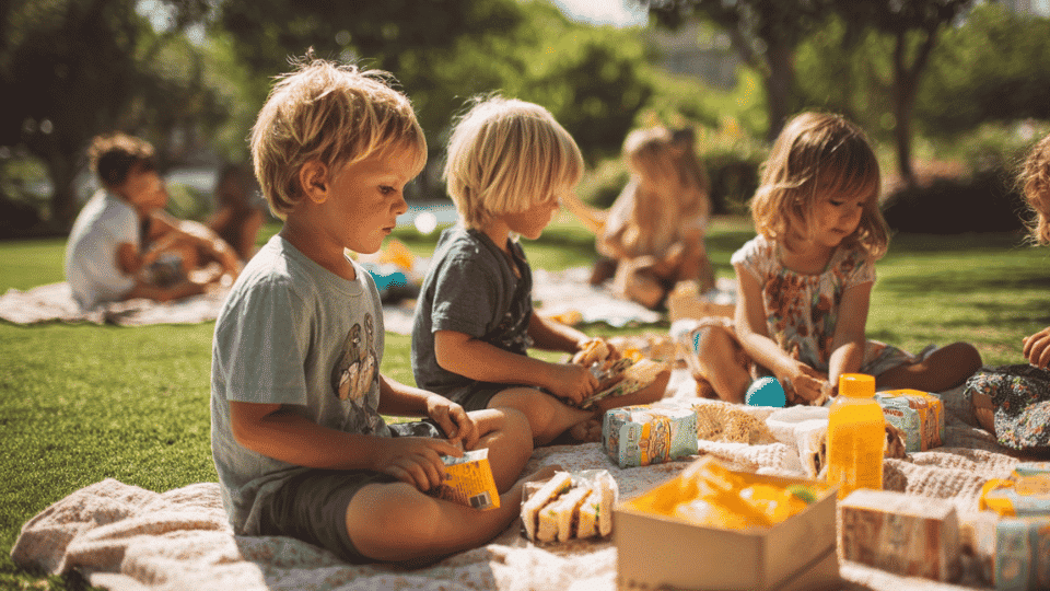 Kids enjoying a picnic birthday party with blankets and snacks in a park