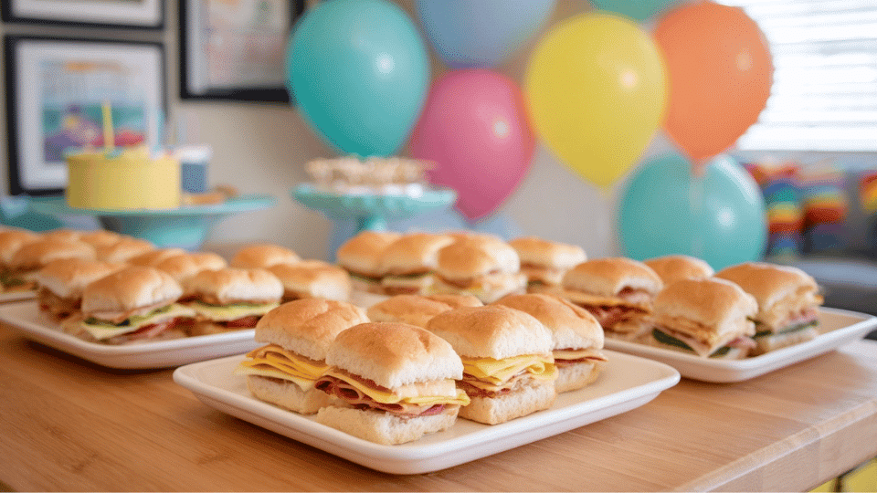 Kids party table with mini sandwiches and sliders and simple decorations