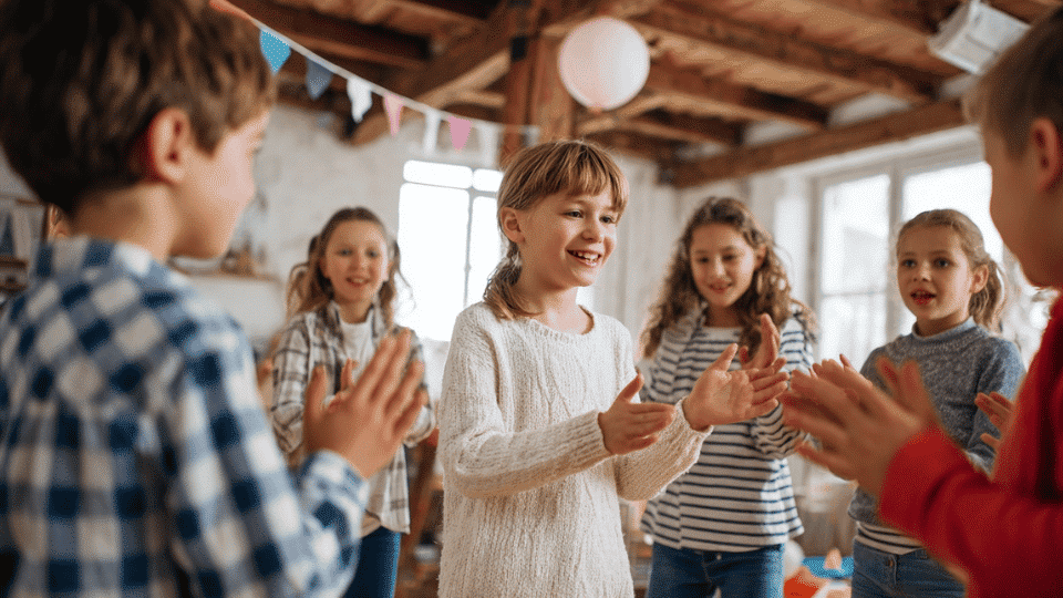 Kids playing Simon Says game indoors with simple birthday party setup