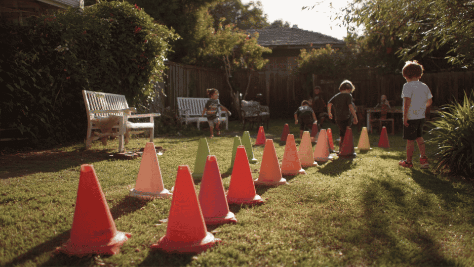 Kids playing a backyard obstacle course with cones and chairs at a birthday party