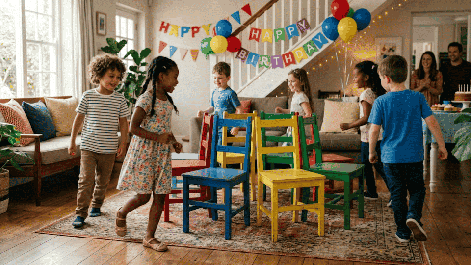 Kids playing musical chairs in a living room with simple birthday decorations