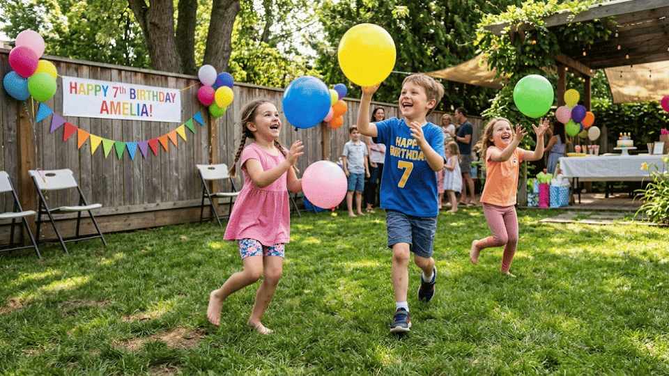 Kids running with balloons in a backyard relay race during a birthday party