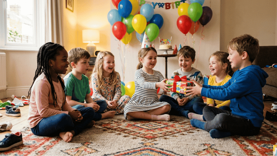 Kids sitting in a circle passing a wrapped gift at an indoor birthday party (1)