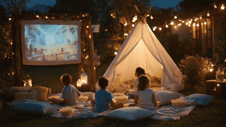 Kids watching a movie outdoors with blankets, popcorn, and projector screen during a cozy night party
