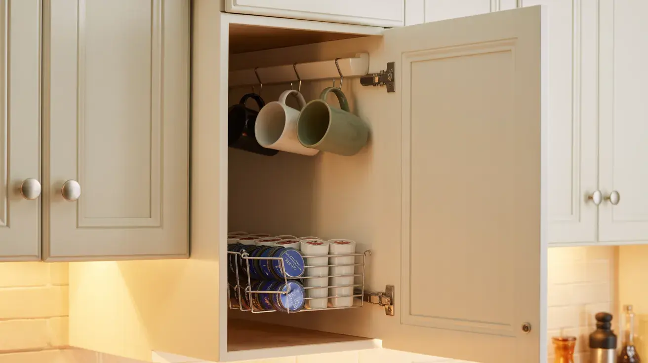 Kitchen cabinet coffee station with hanging mugs and a pull-out rack storing coffee pods
