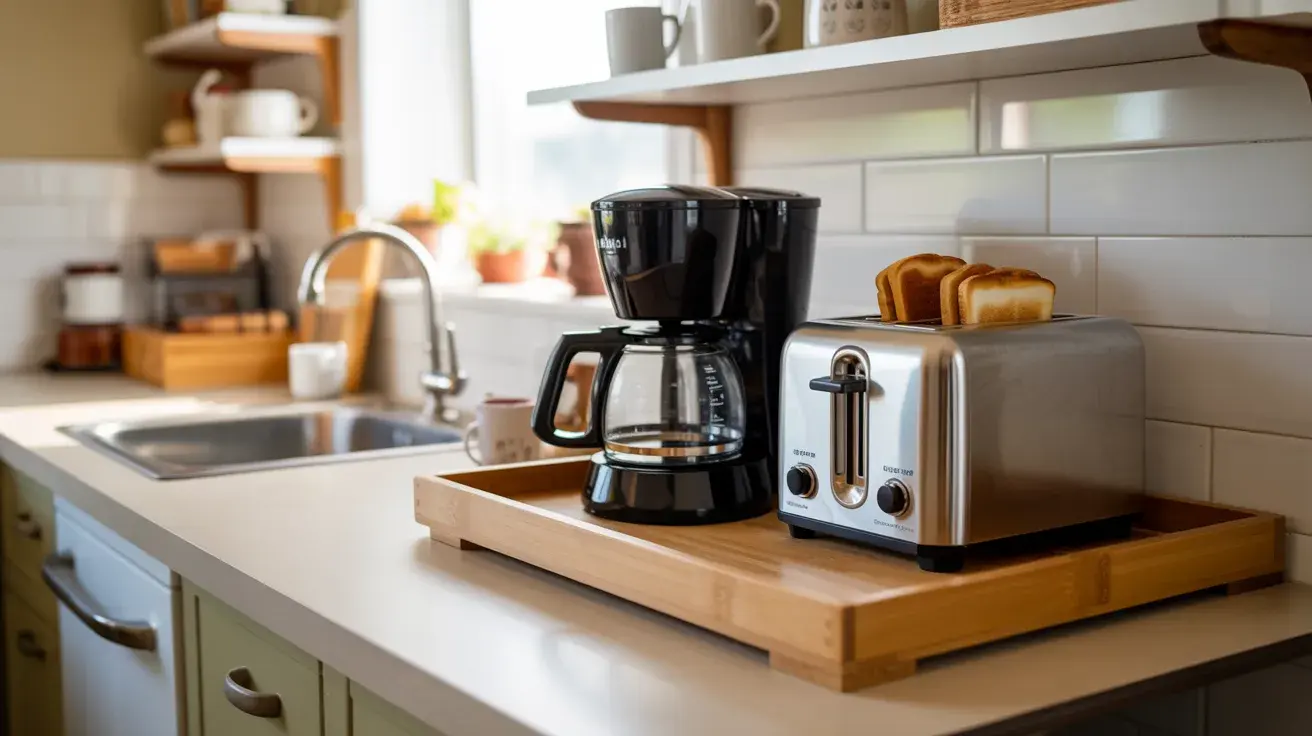 Kitchen countertop coffee station with a drip coffee maker and toaster on a wooden tray near the sink