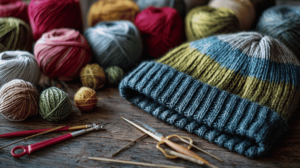 Knitted scarf or hat on a table with yarn, knitting needles, scissors, and yarn needle.
