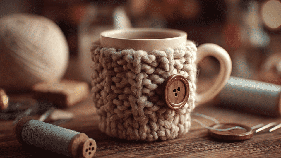 Knitted coffee cup cozy on a table with yarn, needles, button, and sewing supplies.