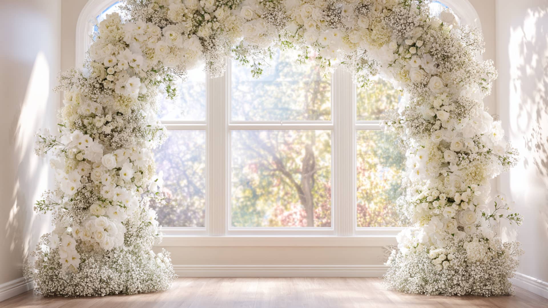 Large white floral wedding arch framing a bright window in a sunlit room now.