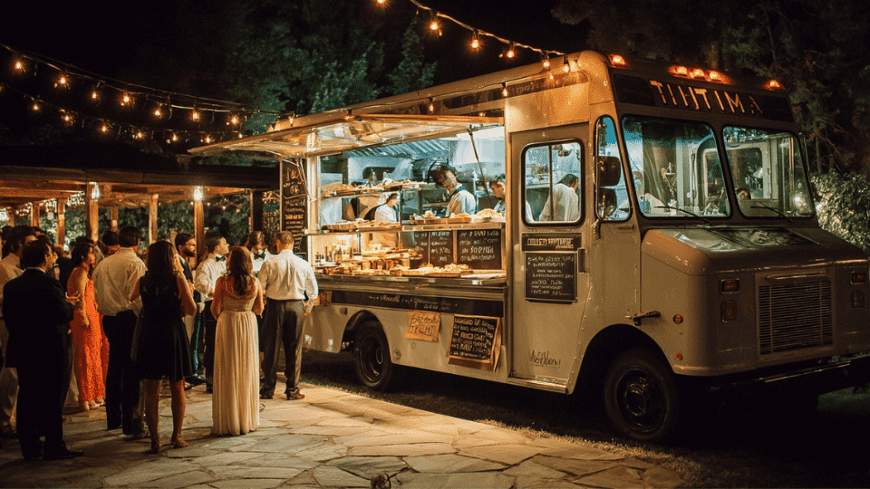 Late-night snack food truck at a wedding reception, offering tacos and sliders for guests to enjoy