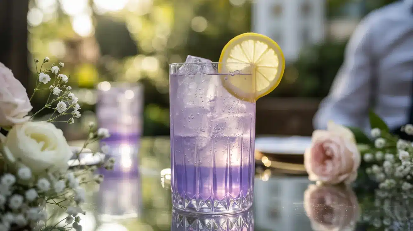 Lavender lemonade cocktail with lemon slice in tall iced glass outdoors