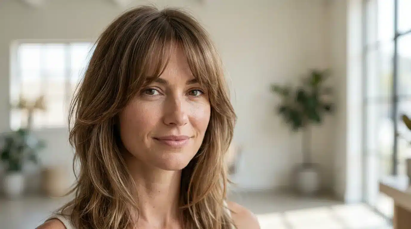 Layered hairstyle with curtain bangs balancing facial features
