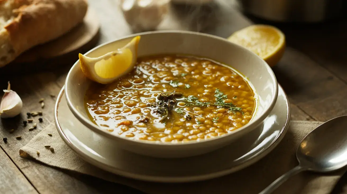 Lentil soup with herbs and a lemon wedge served in a bowl