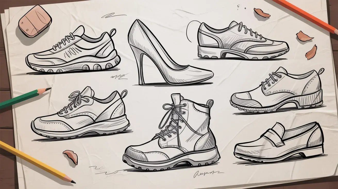 Line-art sketch sheet featuring various shoe designs, including sneakers, a heel, boots, and loafers, arranged on paper