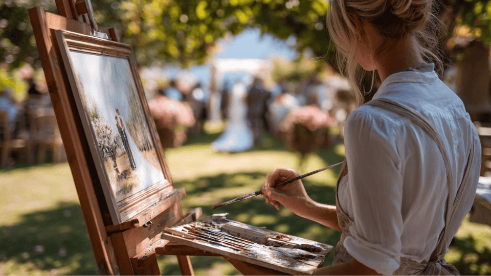 Live artist painting the wedding ceremony in an outdoor or rustic venue, capturing key moments for a keepsake.